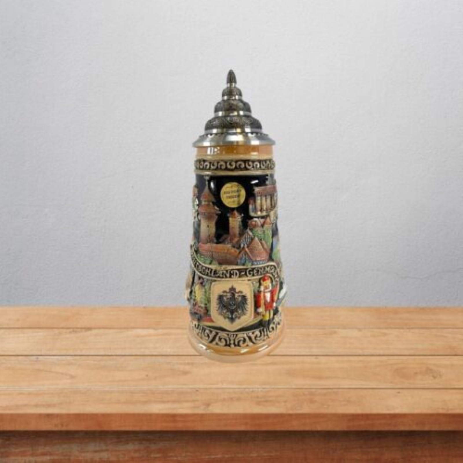 アンティーク　ドイツ製　色絵人物文　銅装飾　ビアジョッキ　N　5571 アンティーク ドイツ製 色絵人物文 銅装飾 ビアジョッキ N 5571