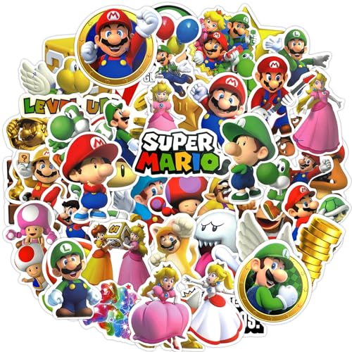 50Pcs Mario Stickers for Kids Cartoon Game Decal for Water Bottle Laptop Phone Helmet Adult & Teen Party Decor Gifts (50 B)