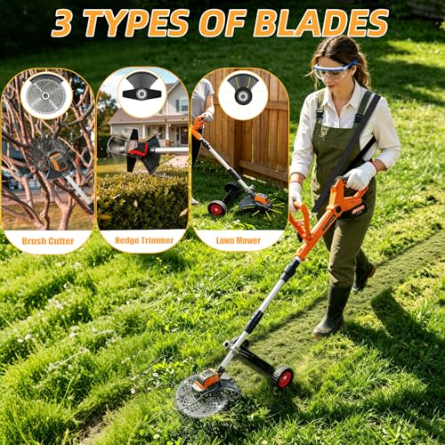 Image of 3-in-1 Electric Weed Wacker Cordless with Wheel, 20000RPM Brush Cutter /String Trimmer /Grass Trimmer /Edger Tool, 2 x 4000mAh Batteries, 90 Adjustable Handle, Powerful Lightweight Garden Tool (Orange)