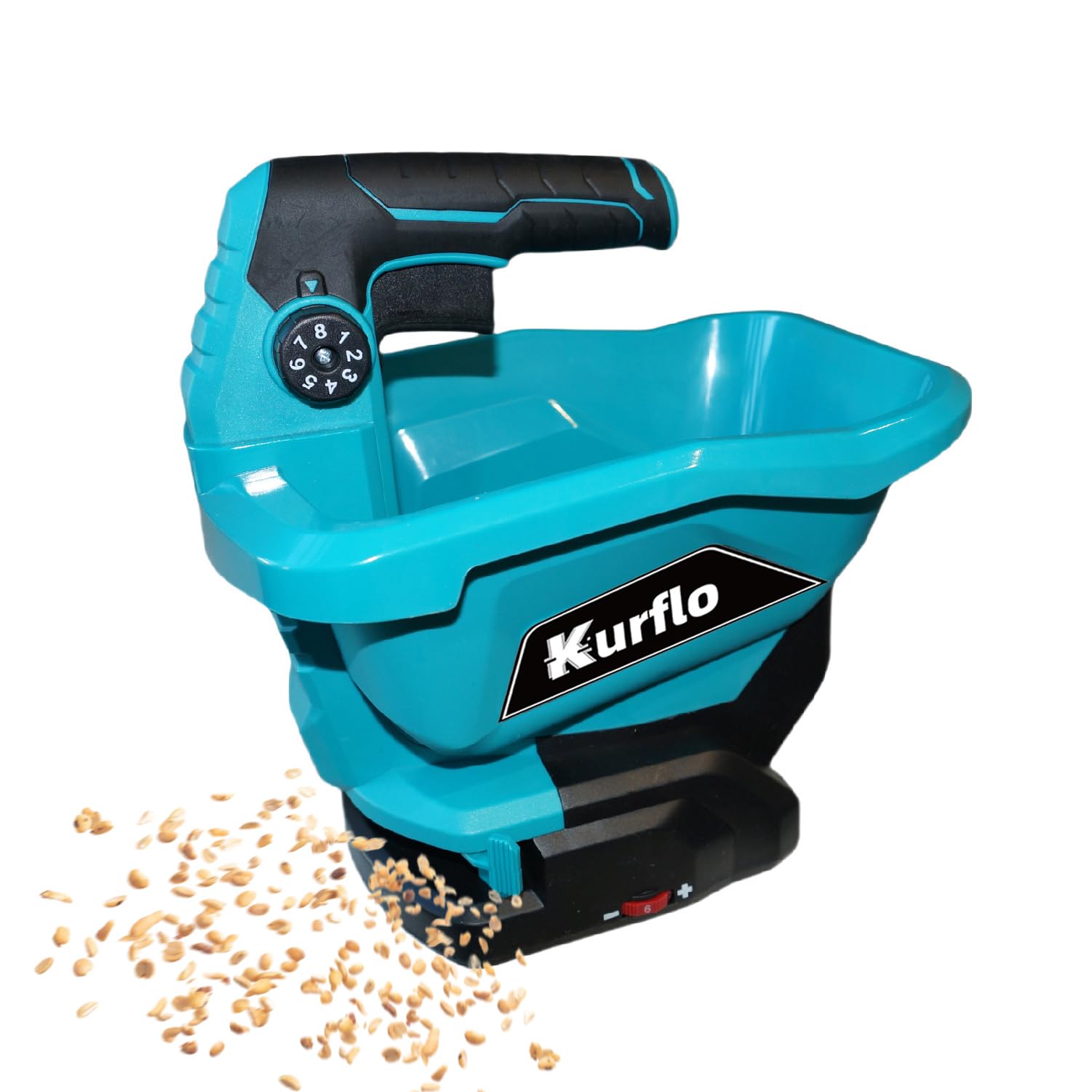 Kurflo Kabelloser Saatgutverteiler, Akku Streugerät, Elektrischer Streuer 3.3L, 8-stufig einstellbar, für Saatgut, Dünger, Streusalz, Sand, kompatibel mit Makita 18V Akkus, ohne Akku & Ladegerät