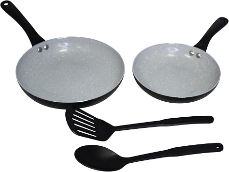 IMUSA Nonstick Ceramic Cookware Set 4-Piece with 8 in and 10 in Fry Pans, Stay-Cool Handles, Aluminum Construction, Black Matte Exterior, Includes Utensils for Kitchen Cooking