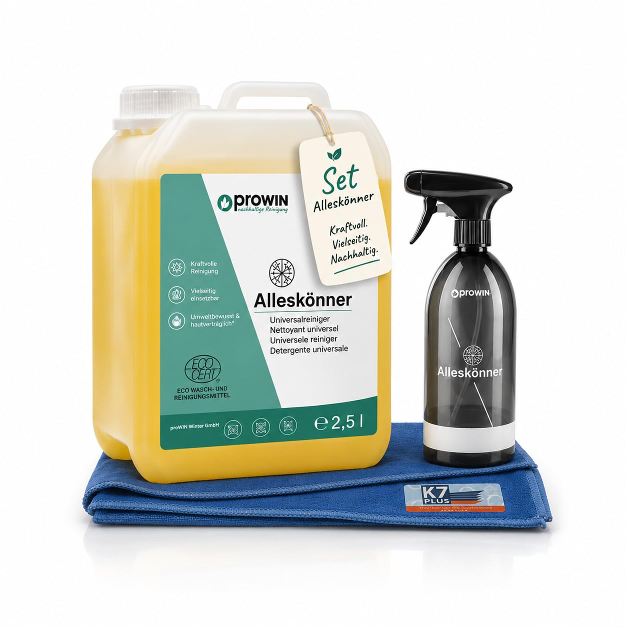 Set proWIN Alleskönner 2,5 L, Sprühflasche DUO und K7 PLUS Reinigungstuch | Alleskönner, Hautverträglichkeit, Frischeduft, Superkonzentrat