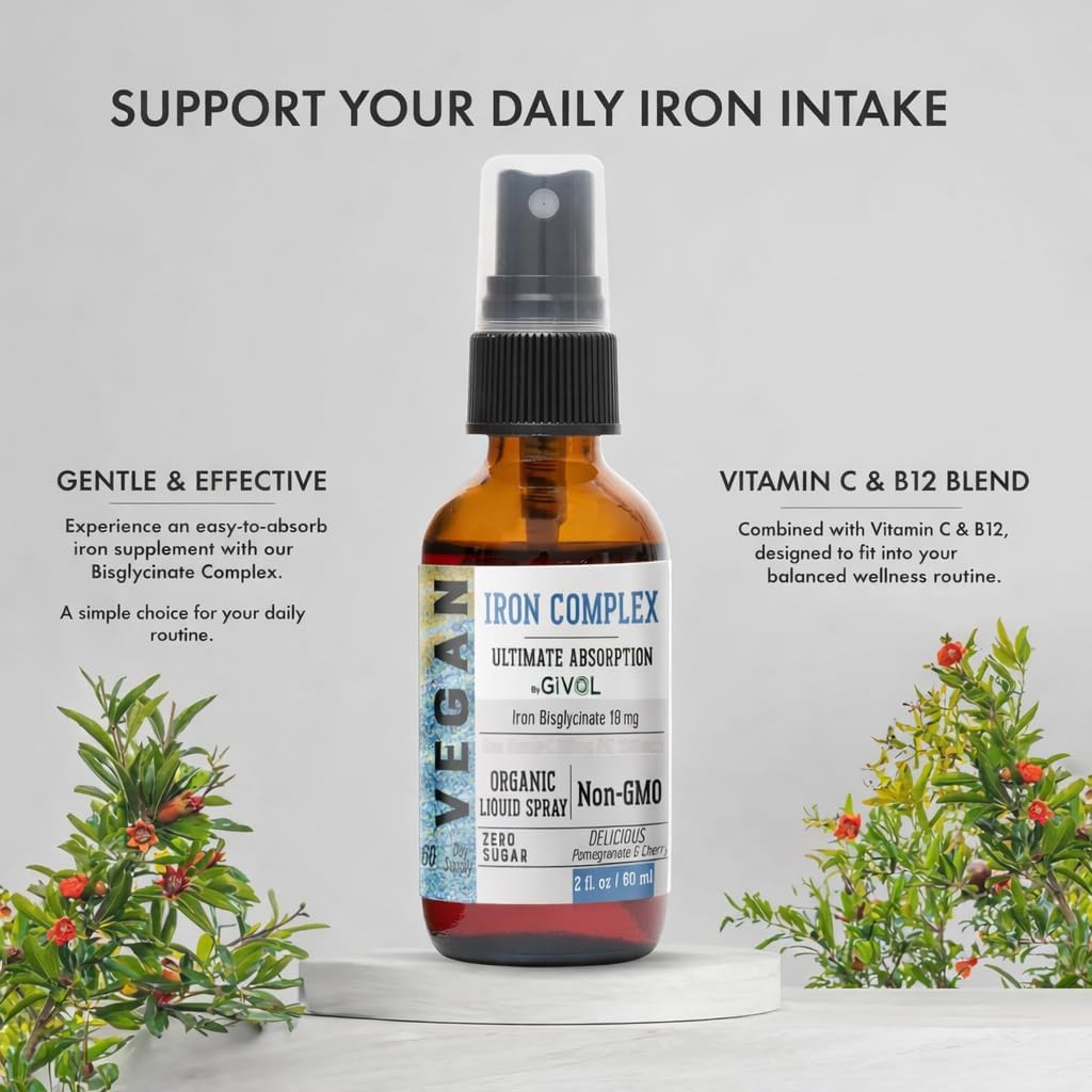 Iron Supplement - 18mg Bisglycinate Complex with Vitamin C & B12, Liquid Spray, Easy Absorption - Non-GMO, Sugar-Free, 2 Fl Oz (60 ml) - 60 Days Supply