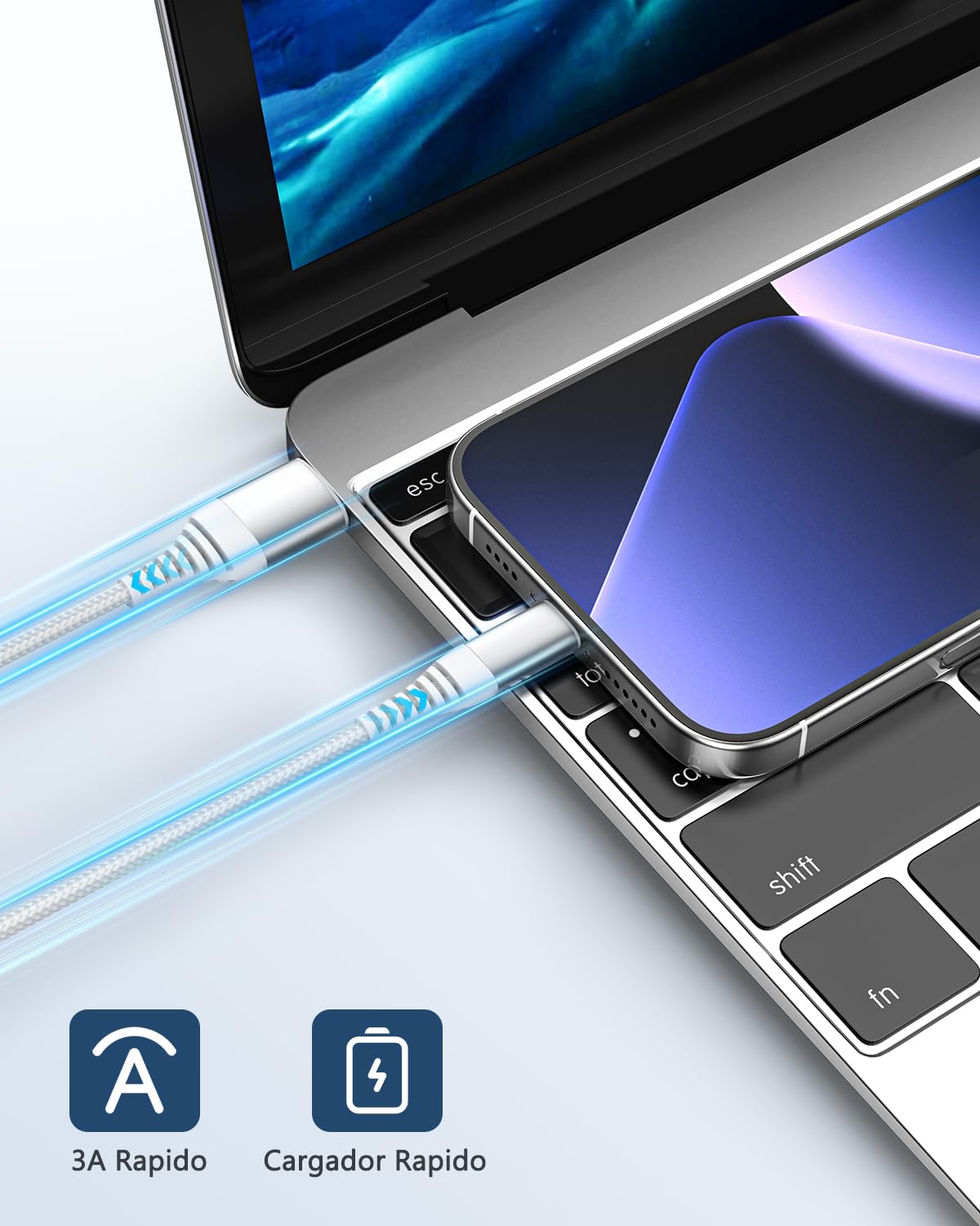 LumFocus 1M+2M Cable Cargador iPhone Carga Rápida,[MFi Certificado],Cable iPhone Carga Rápida Nylon Trenzado Cable USB-A a Lightning para iPhone 14 13 12 11 Pro Max Mini XS XR X 8 7 6s 6 Plus SE,iPad — view 2