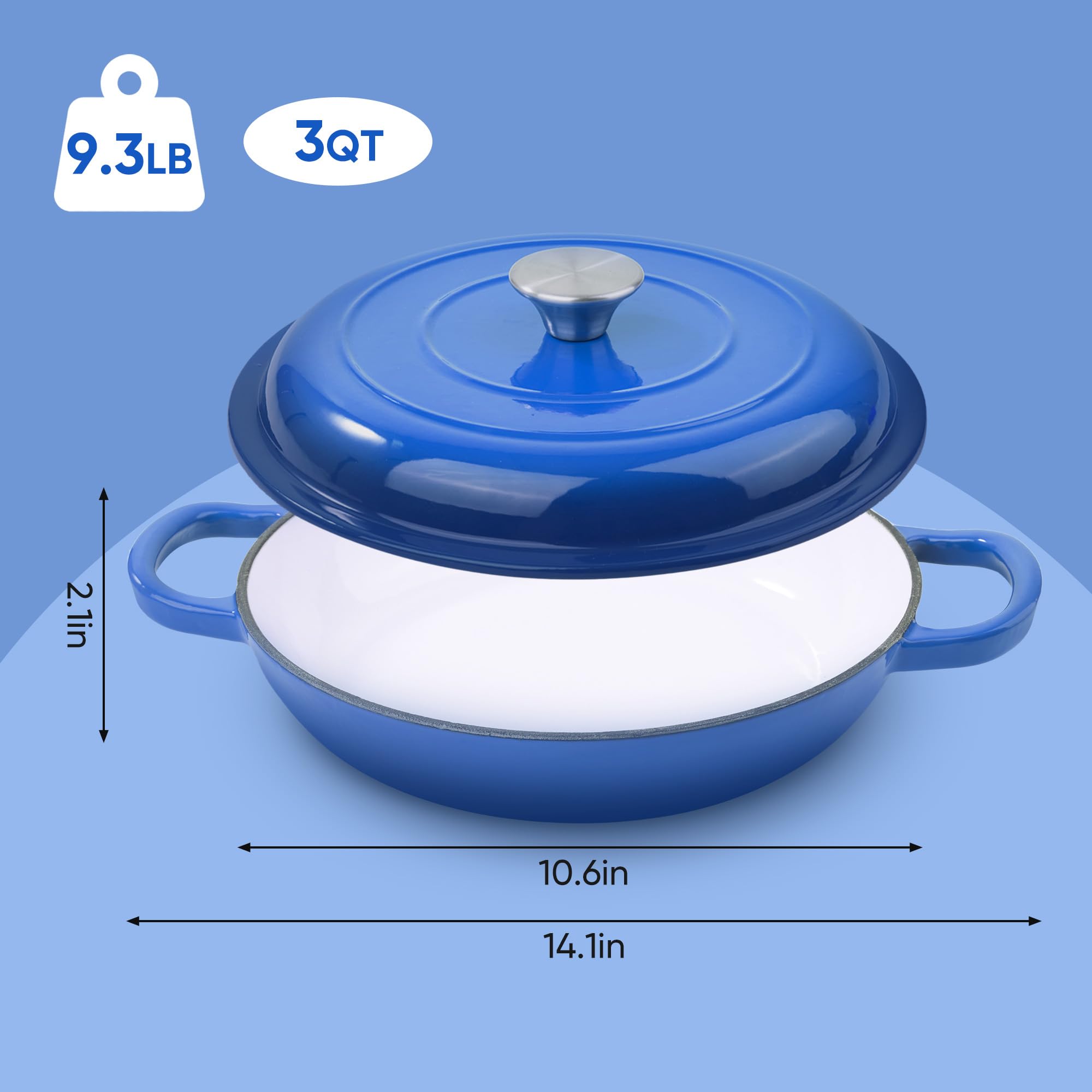 Fijinhom 3 Quart Enameled Shallow Cast Iron Dutch Oven with Lid, Dual Handles Dutch Pots for Cooking, Stewing, Heavy-Duty & Nonstick, Oven Safe up to 500° F, Works on All Stovetops, Dark Blue