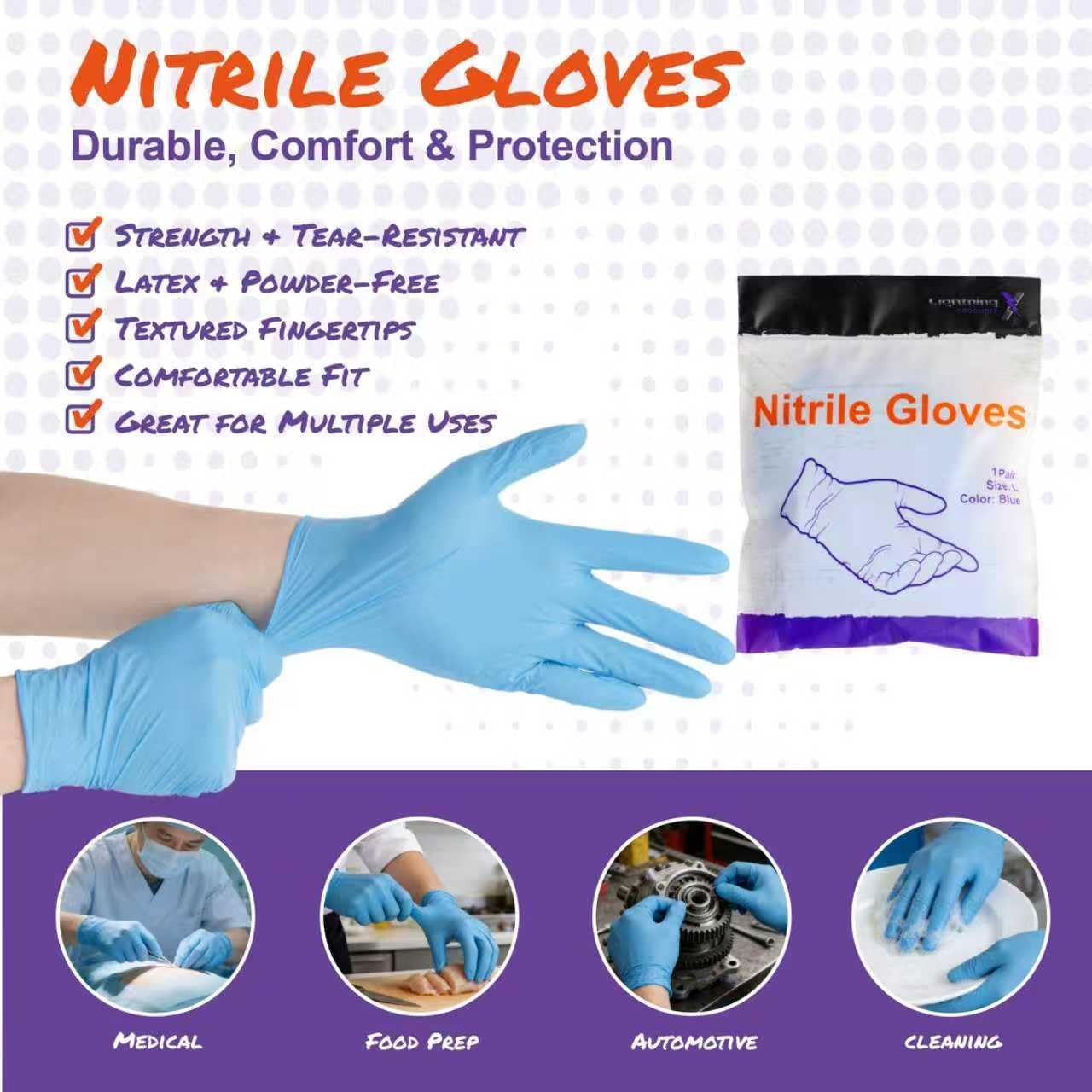 Lightning X Nitrile Exam Glove Pairs | Individually Packed | 50 Gloves | 25 Pairs | Resealable Zip Bag - Large (Fits Most)