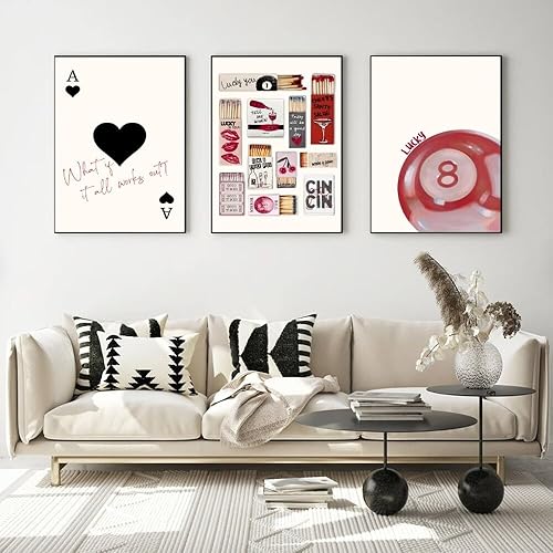 Miniatura 3 de Pósteres de lienzo vintage con estampado de caja de cerillas, juego de 3 pósteres de la suerte con la suerte, pelota de billar vintage, impresión