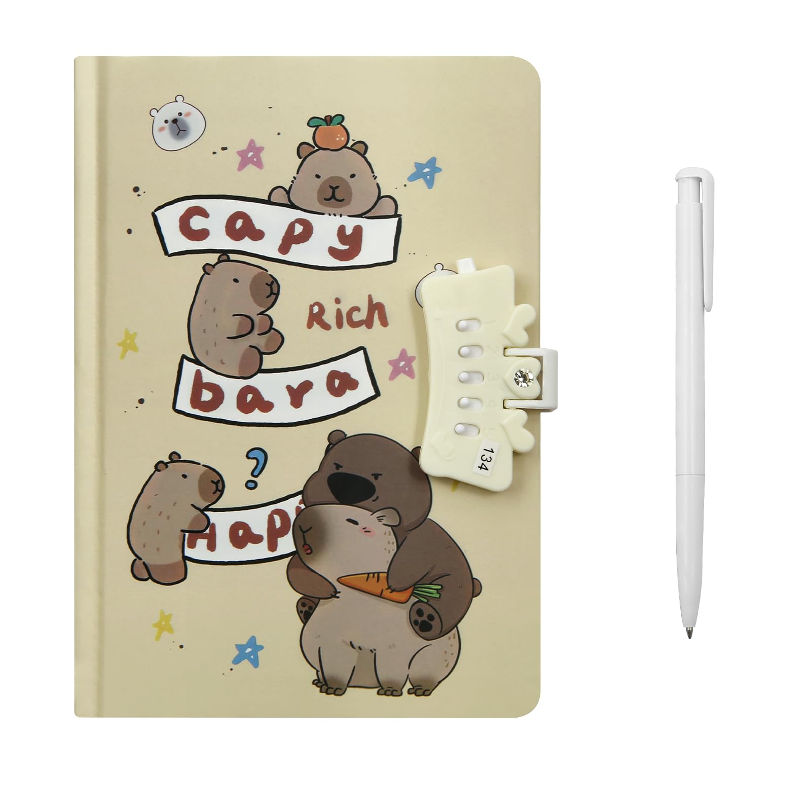 Capybara Password Book with Lock,Cartoon Capybara Password Notebook Journal Kid Secret Notebook Diary and Pen Password Keeper Stationery Set for Teen Kid Birthday Office School Supplies (Carrot)