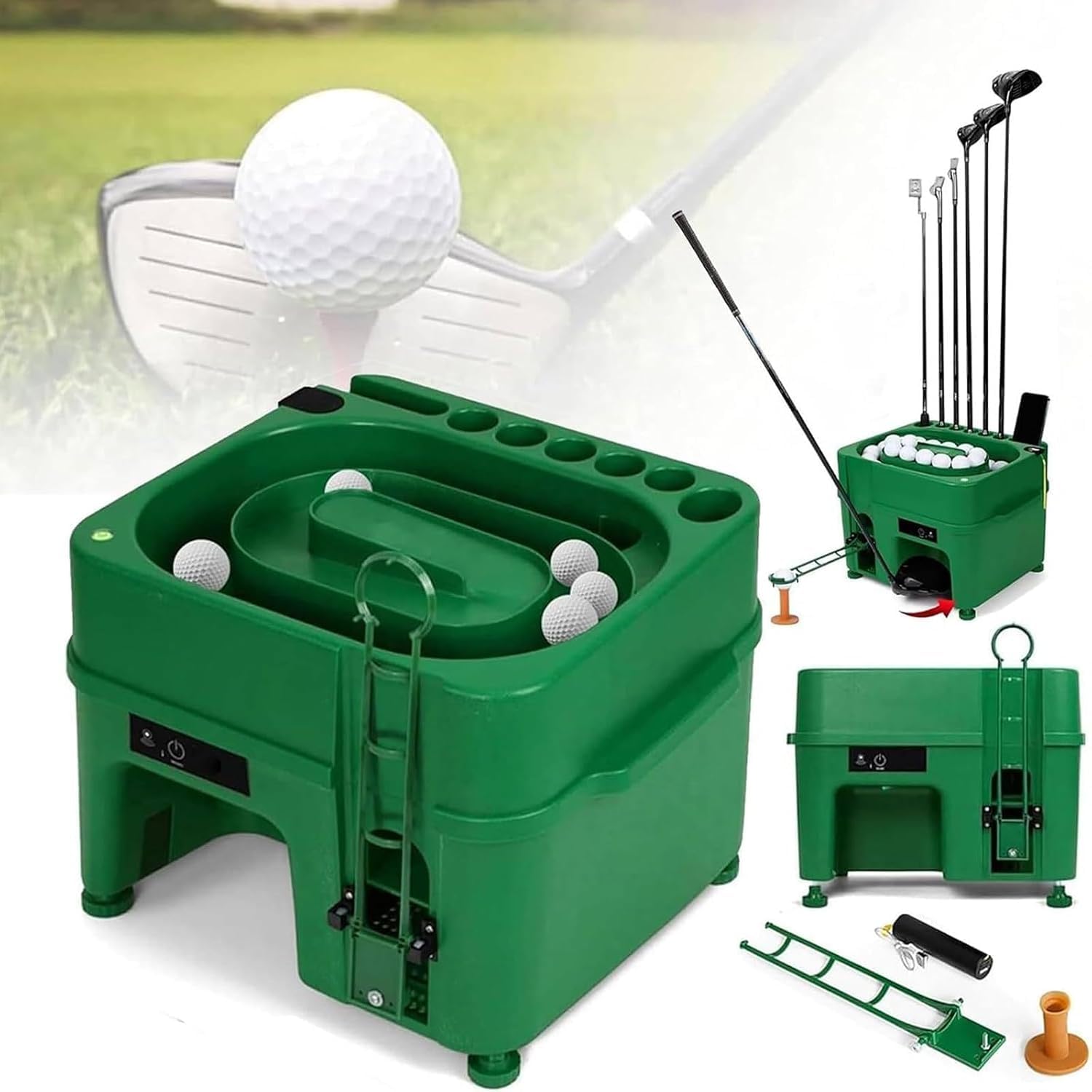 Distributore Automatico Palle da Golf con Rilevamento a Infrarossi e Doppia modalità, Treppiede Regolabile, Supporto Telefono e Porta Bastoni per Simulatori e Driving Range