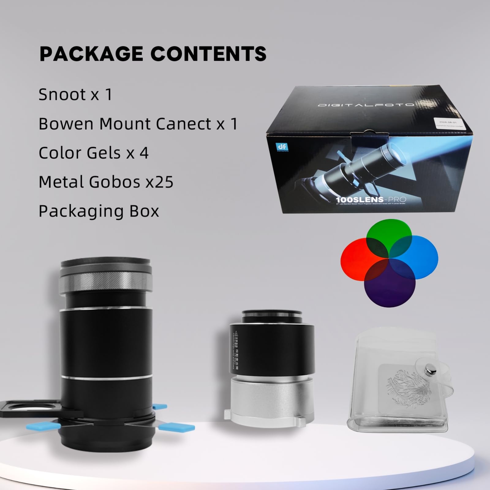 Snoot à Monture Bowens, kit de snoot Optique pour Portraits monoblocs/éclairage LED, Compatible avec Aputure Amaran 60D/100X/D 200D/X,Storm 400x Godox SL60, 4 filtres Couleur, 25 gobos.