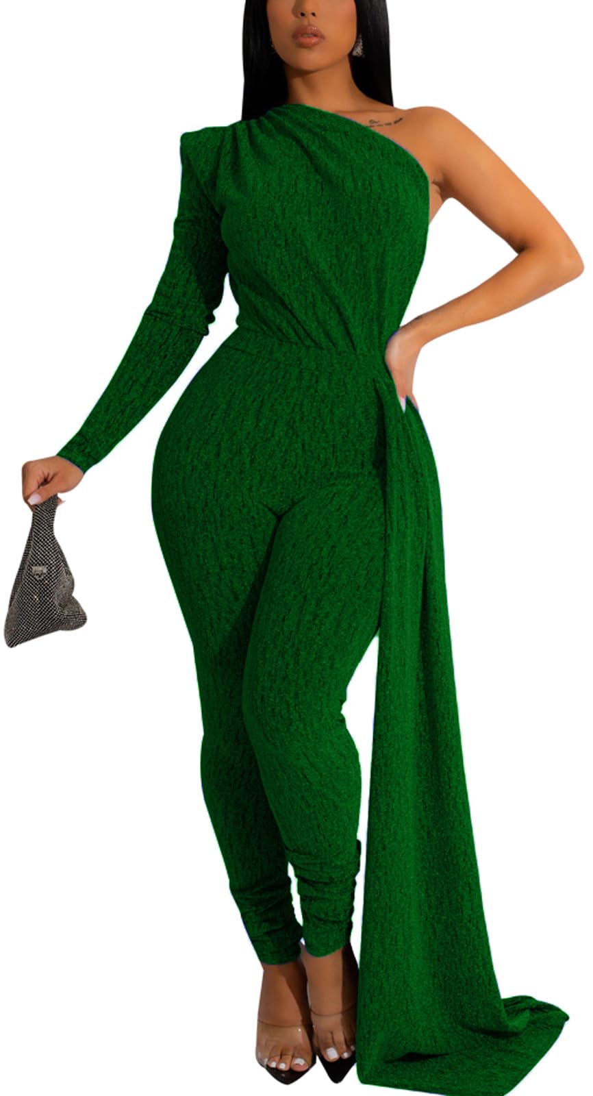 Women's Sexy Sparkly One Shoulder Long Sleeve Bodycon Jumpsuits Stretchy Long Pants Clubwear Party Rompers With Belt Rope