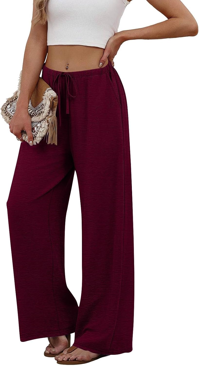Elastic Waist Lightweight Flowy Wide Leg Palazzo Trousers, Pocketed Pants for Womens Summer Beach Casual Trips