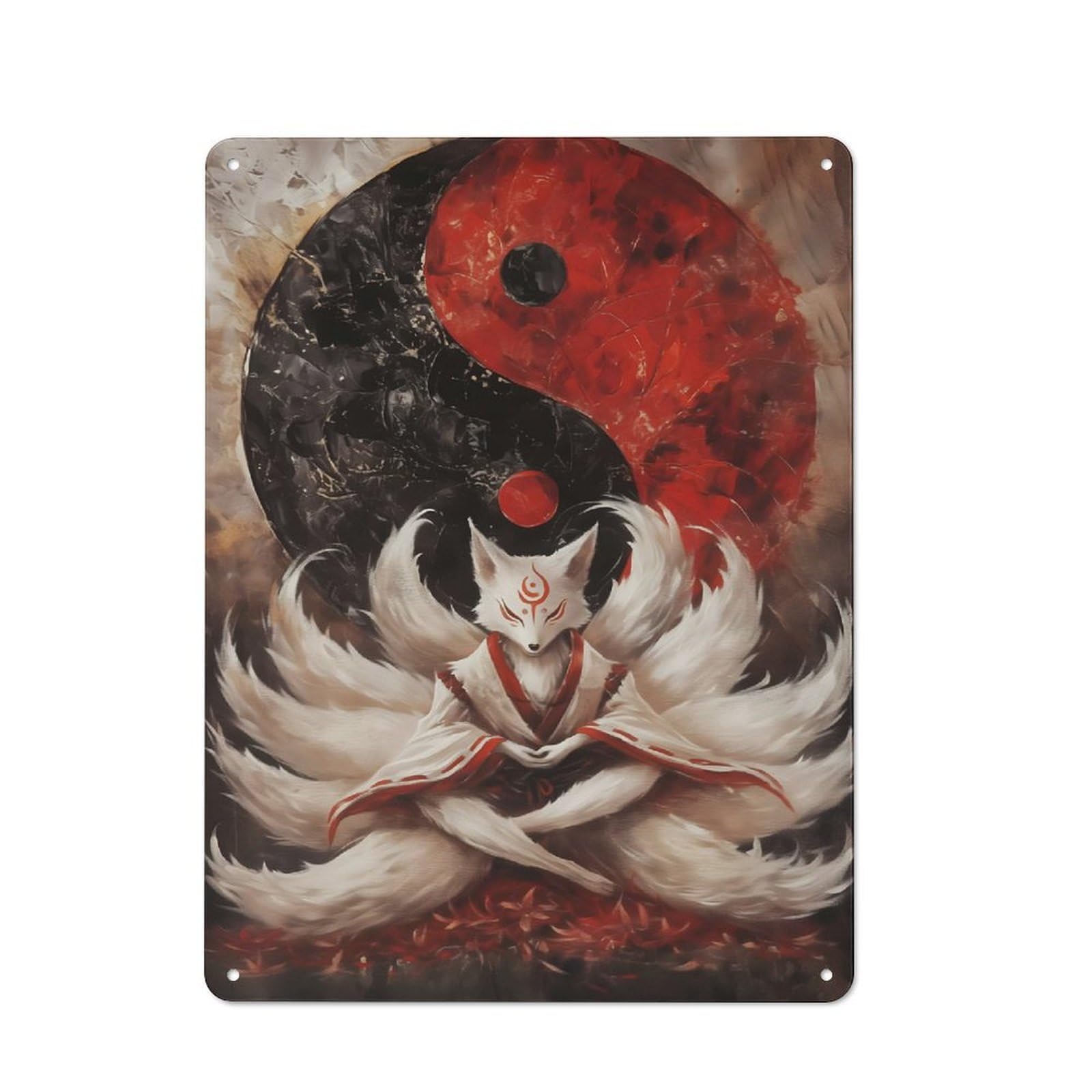 Junmoney Style-18 Nine-Tailed Fox Yin Yang Retro Tin Wall Plaque 40X30cm For Hobby Room Or Studio, New Home Wall Decor For Hobby Room Decor Fans