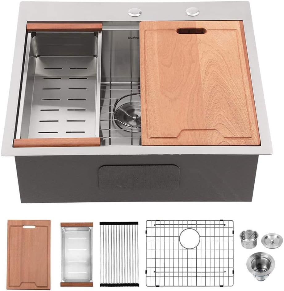 Drop In Kitchen Sink - Lordear 25 Inch Stainless Steel Drop In Kitchen Sinks 16 Gauge Ledge Workstation 25x22 Drop-in Topmount Single Bowl Kitchen Sink With Accessories 25"X22" Stainless steel -Workstation