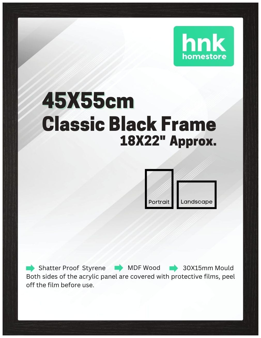 HNK Classic Picture Poster Frame, 45X55cm Black Frame, Wood Finish, Portrait, Landscape Display Rectangle 22X18" Frame (Black Picture Frame)