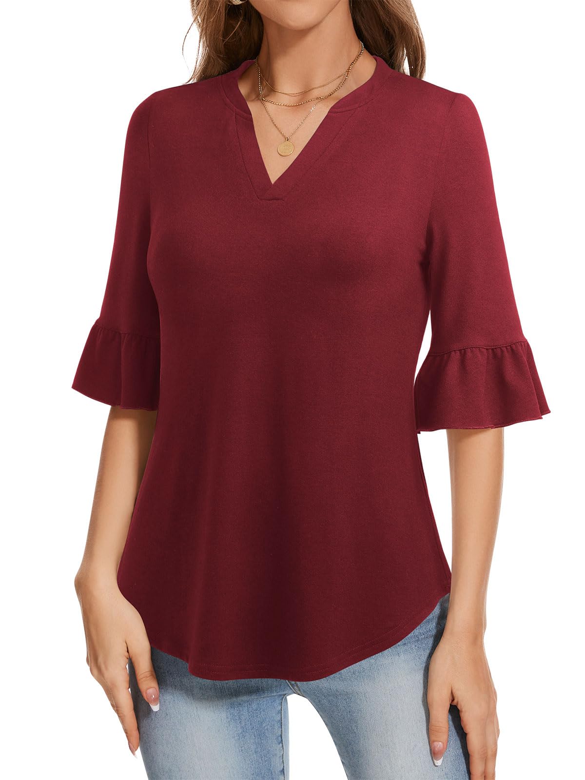 YATHON 3/4 Length Sleeve Womens Tops Dressy Casual Summer Shirts V Neck Bell Sleeve Floral Print Loose Ruffle Tunic Blouses