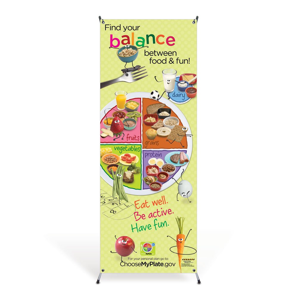 Kids MyPlate Vinyl Banner and Stand | Nutrition Education Visuals for Classrooms, Health Fairs | 24" x 66" on Stand