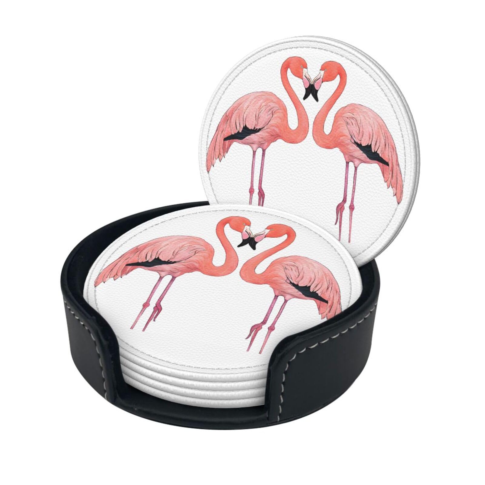 Ink Flamingos Print Coaster,Round Leather Coasters with Storage Box for Wine Mugs,Cold Drinks and Cups Tabletop Protection (6 Piece)