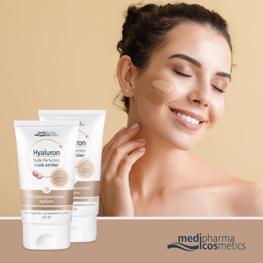 Hyaluron Nude Perfection hell - Tagespflege mit hauttonanpassender Technologie - mit Hyaluron & Vitamin A - LSF 20 - medipharma cosmetics - 50 ml (Packung mit 2)