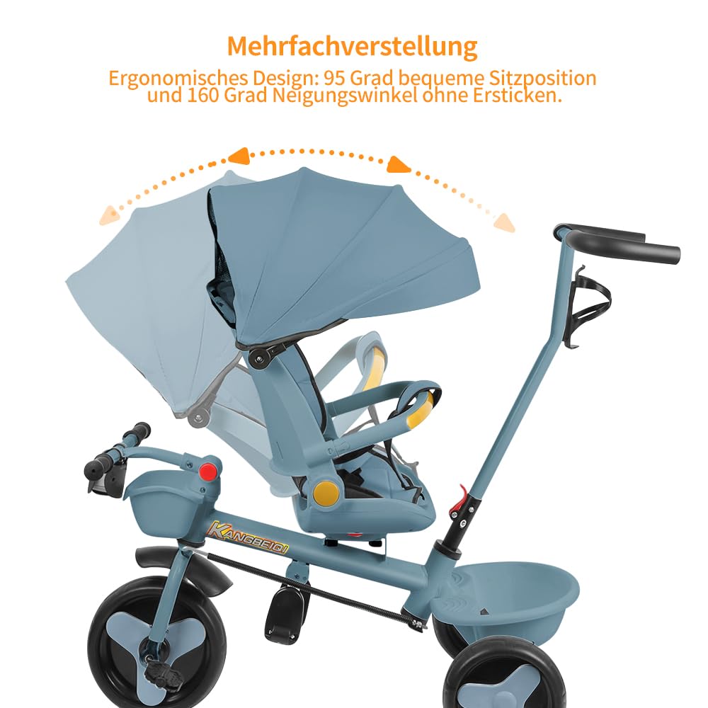4-in-1 Kinderdreirad mit Schubstange & Lenksteuerung, Blau | Baby Fahrrad ab 1 Jahr, Sicherheitsbügel, Fußstütze & Korb, Faltbare Markise