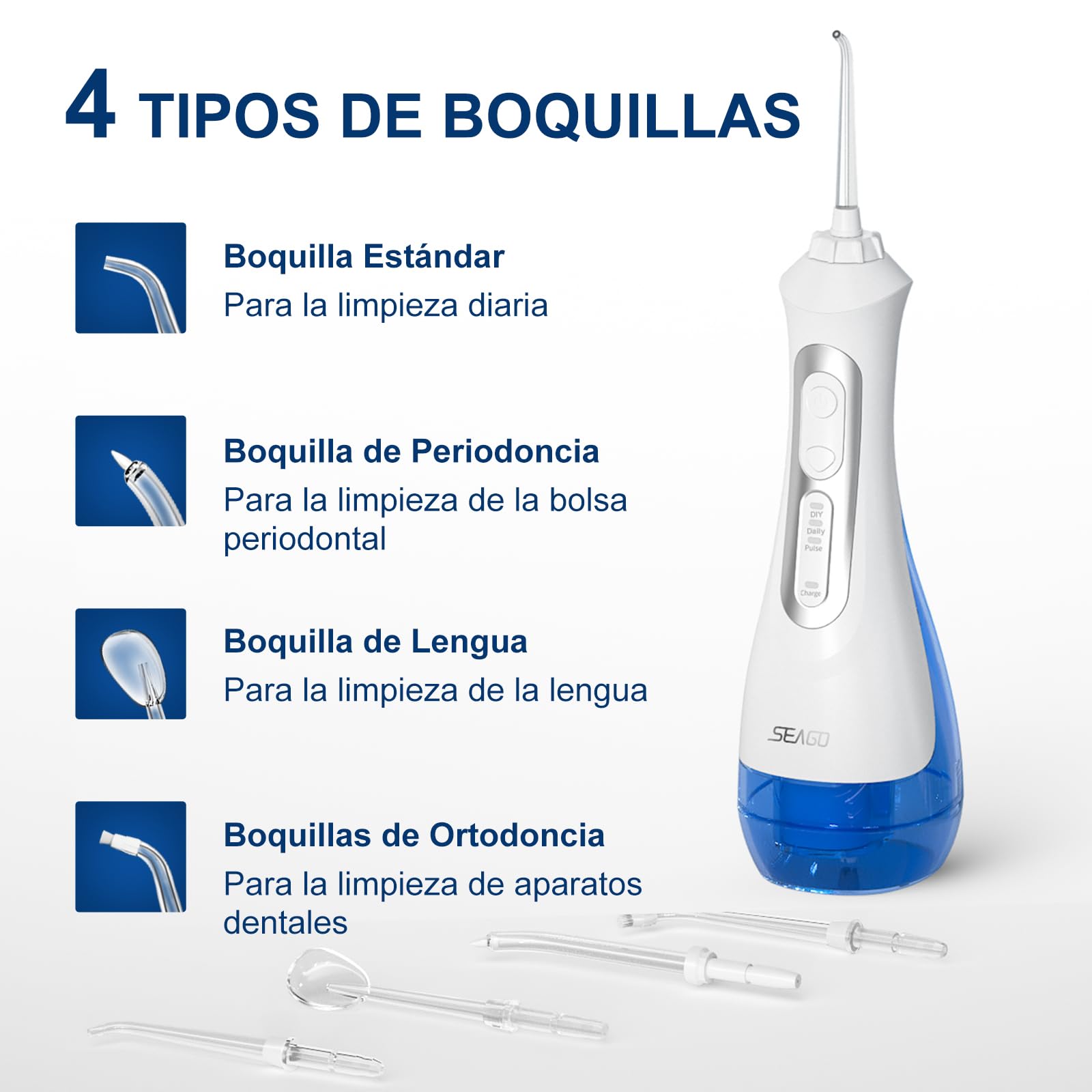 Seago Idropulsore a getto dentale portatile, rilevatore dentale professionale, fai da te modalità, IPX7, impermeabile, 5 ugelli a getto, USB ricaricabile, getto dentale per la casa e i viaggi (bianco)