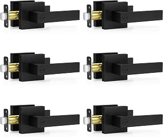 Plustool 6 Pack Matte Black Privacy Door Handles - Heavy Duty Square Lever Locks for Bedroom Bathroom, Reversible Easy Install