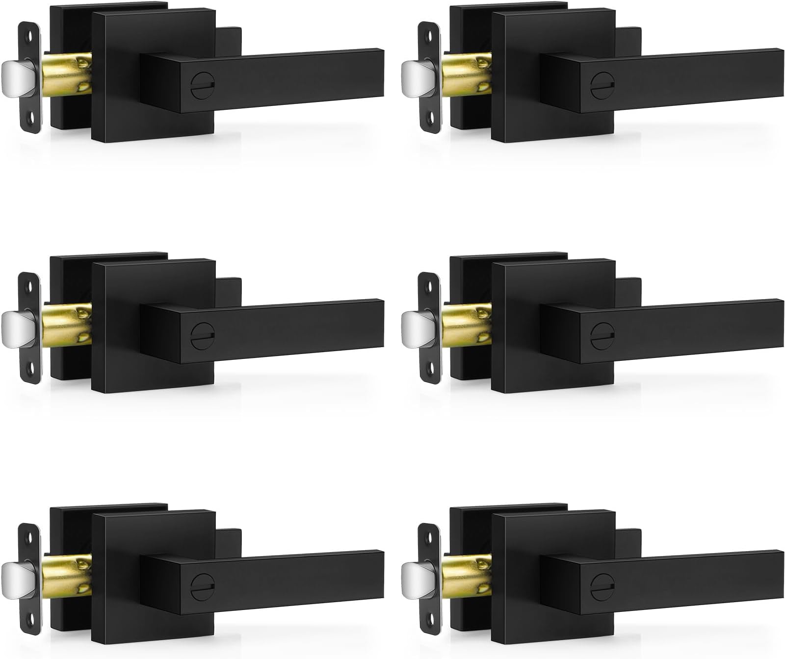 Plustool 6 Pack Matte Black Door Handles Interior, Keyless Interior Door Knobs, Privacy Door Locks for Bedroom Bathroom, Heavy Duty Square Door Lever Locksets, Reversible for Left&Right Handled Doors