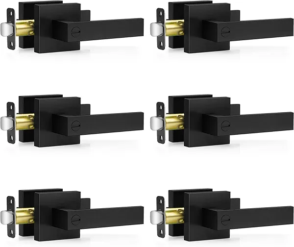 Plustool 6 Pack Matte Black Door Handles, Keyless Interior Door Knobs, Privacy Door Lever Locksets for Bedroom Bathroom, Heavy Duty Square Door Lock (2.0lb), Reversible for Left&Right Handled Doors