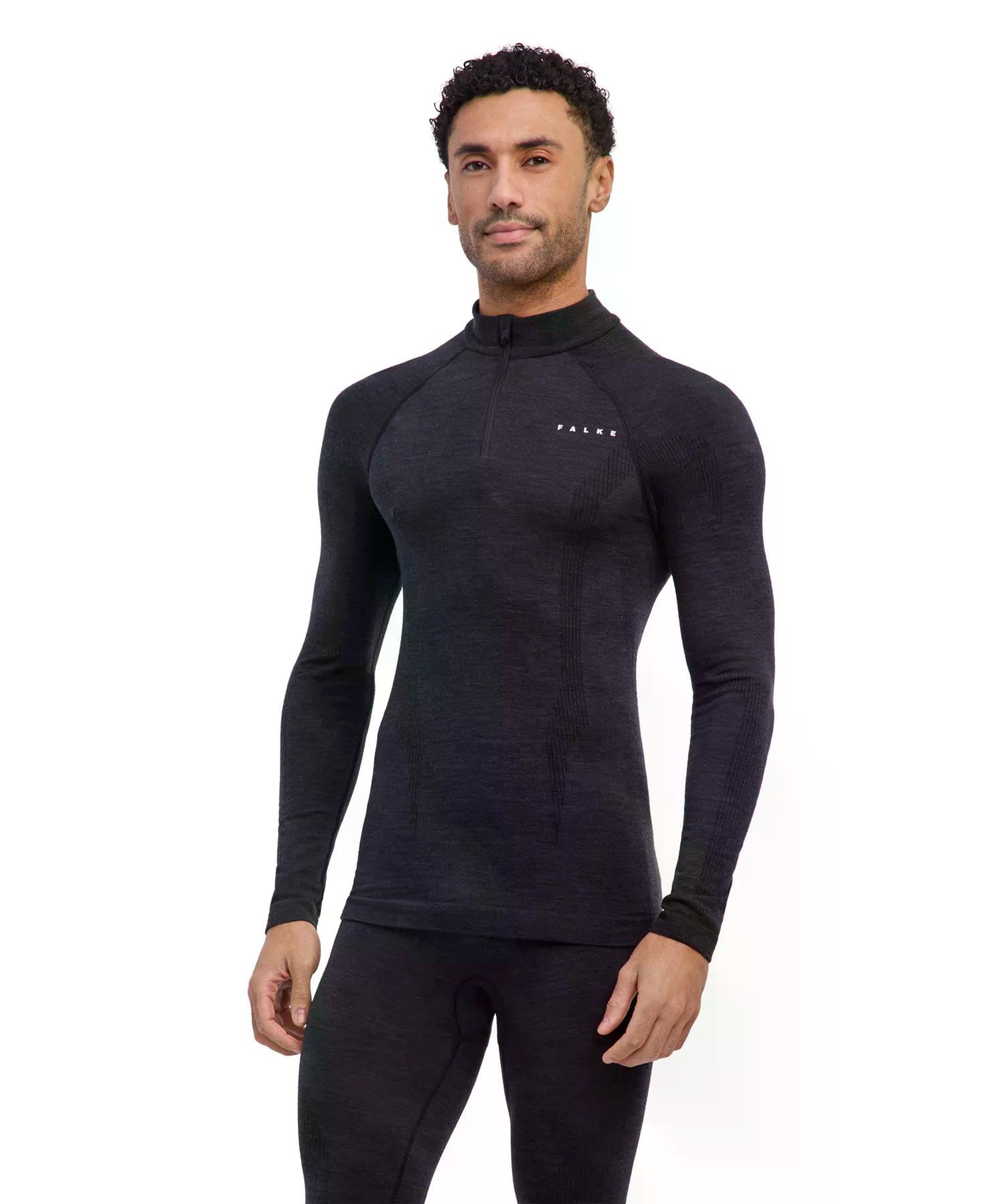 FALKE Mężczyźni Warstwa podstawowa (góra) Wool-Tech High Zip Neck M L/s Sh wełna materiał funkcjonalny szybkoschnące ciepłe 1 Sztuka, Czarny Black 3000, XXL