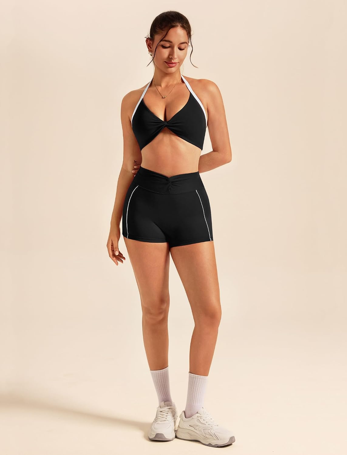 Women's 2 Piece Workout Set Halter Neck Sports Bra, High Waisted Tummy Control Shorts, Backless Yoga Gym Athletic Outfit
