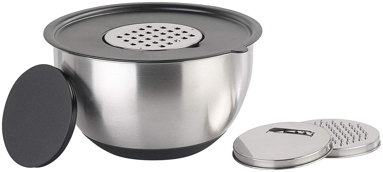 Rosenstein & Söhne Reibe: 22-teiliges Premium-Rührschüssel-Set mit 6 Reibeaufsätzen und Deckeln (Schüssel mit Deckel, Edelstahl Schüssel mit Deckel, Topf)