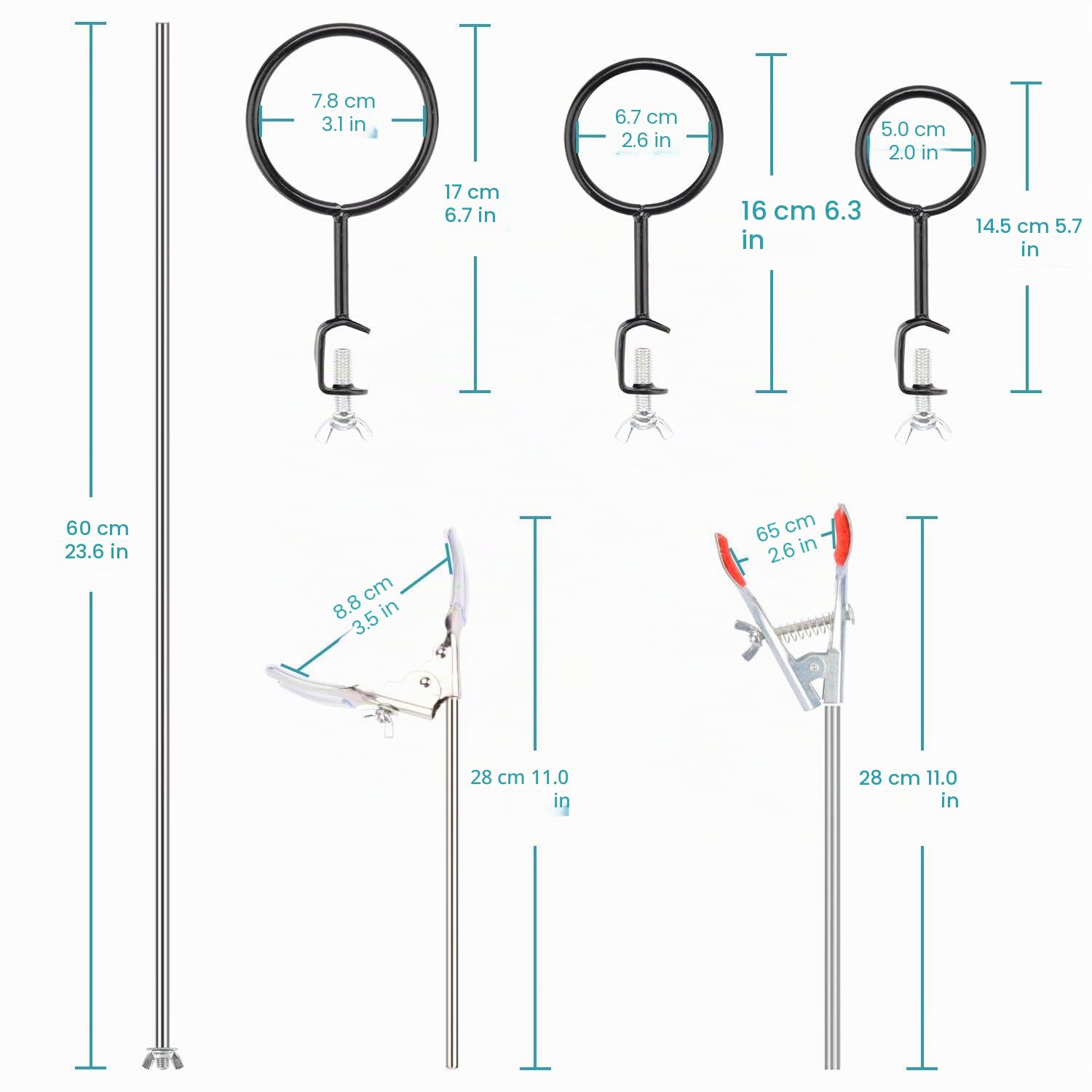 stonylab Juego de Soporte de Laboratorio, Soporte de Acero para Equipos de Laboratorio con Varilla (60 cm L), Pinza para Bureta de 4 Dientes, Anillo para Soportes, Pinza para Matraz y Cabeza