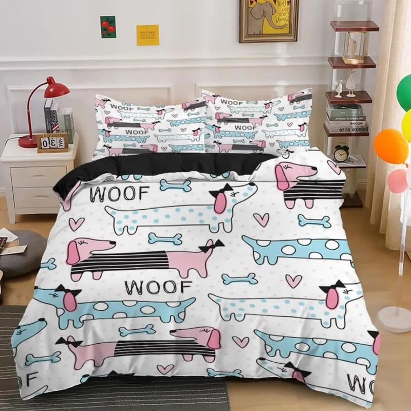 Funda nórdica de perro salchicha azul de 220x240 cm para cama 150 con dos fundas de almohada