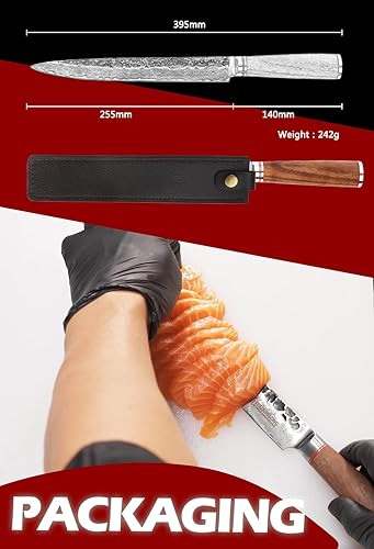 Miniatura 7 de YOUSUNLONG Cuchillo de filete de 12 pulgadas Max Yanagi Cuchillo Plus Sashimi japonés martillado acero Damasco mango de madera de nogal natural con