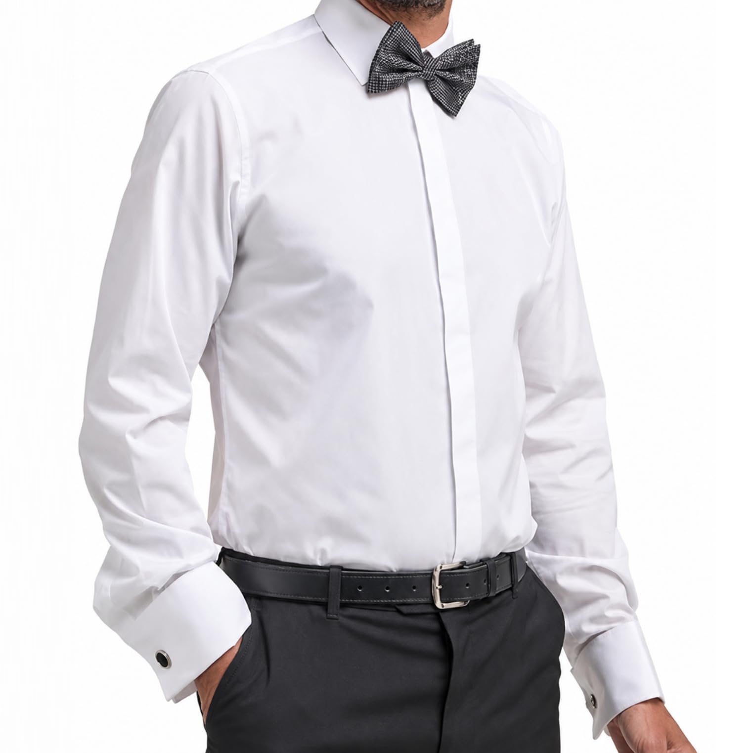 Double TWO - Camicia da smoking da uomo bianca tinta unita con doppio polsino camicia formale - vestibilità classica - colletto standard, doppia piega posteriore