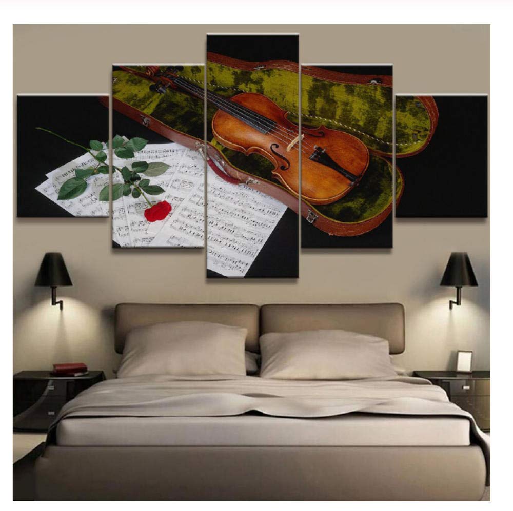CJFHBVUQ 5 Pieces Paintings Wall Art Violin Music Sheet Music Living Room Bedroom Office Furniture Decoration Image Framed Artwork With Frame 80X150Cm