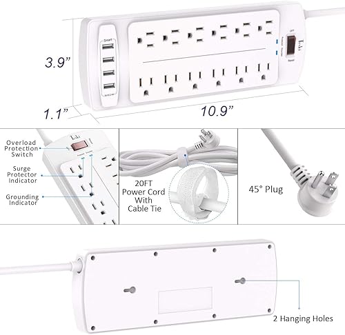 Miniatura 9 de Tcstei - Protector de sobretensiones con 12 salidas y 4 puertos USB, cable de extensión de 6 pies (1875 W15 A) para el hogar, oficina, artículos