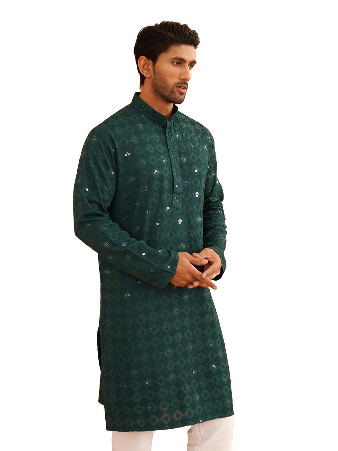 Sojanya (Since 1958 Men's Cotton Embroidered Sequinned Green Long Kurta Size 42
