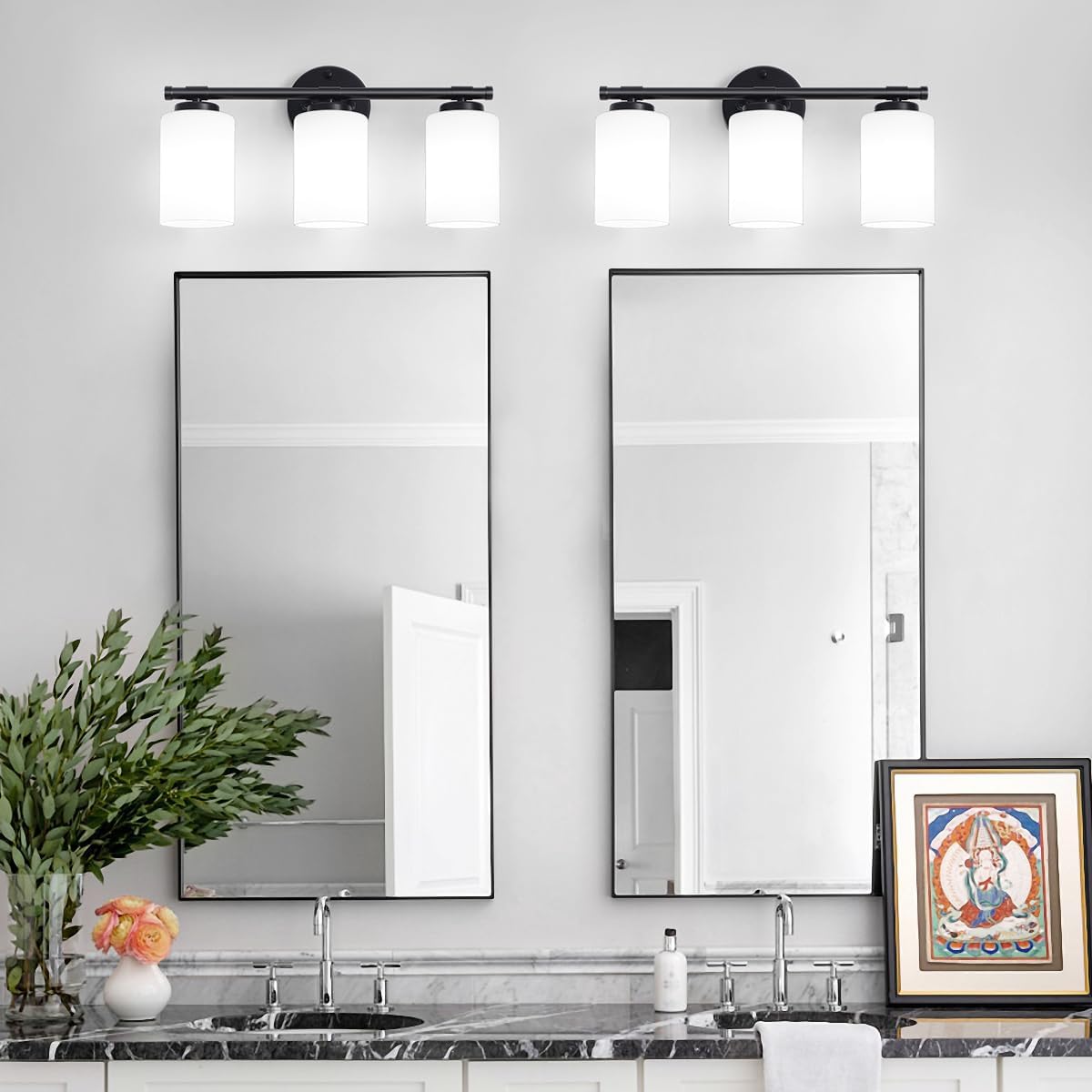3-Light Bathroom Light Fixtures,Modern Vanity Lighting Fixtures Over Mirror,Matte Black Vanity Lights with Milk White Glass Shade,Bathroom Wall Sconces for Mirror Bathroom Hallway Cabinet