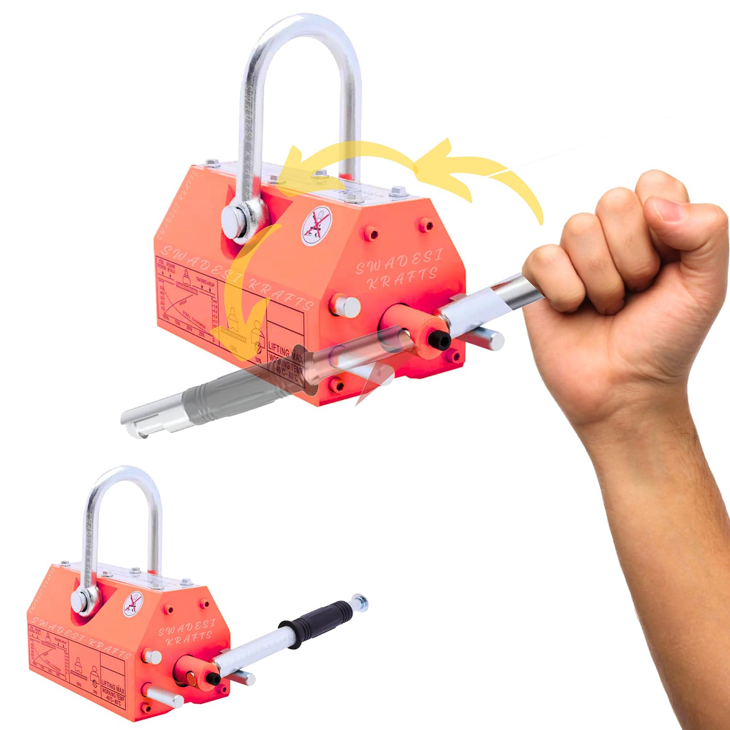 Heavy Duty Permanent Magnet Lifter Capacity 400 kg Height 92mm x length195mm x bottom95mm and the Magnet Lifting Hoist for Steel Plate with MS material for magnet lifter weight 9.3kg-picture-56