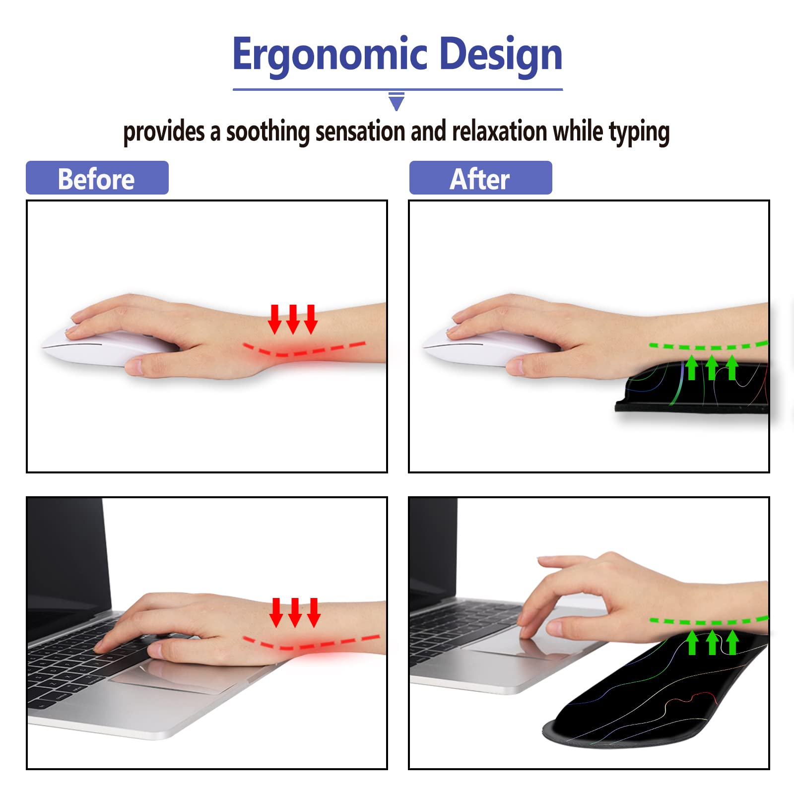 ARTSO Tastatur-Handgelenkauflage, Mauspad, Handgelenkstütze, ergonomisch, Memory-Schaum, 4-in-1-Mauspad, rutschfeste Unterseite, bequem, einfaches Tippen, Schmerzlinderung, bunte Linien