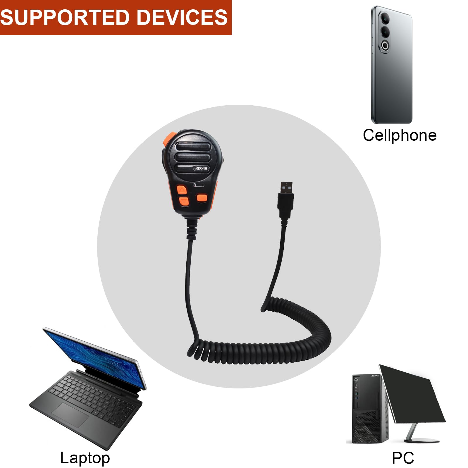 QX-18A Microphone USB-A, Micro PTT et clé programmable | pour simulateur de camion américain, PC, ordinateur portable, jeu PC avec support de microphone et logiciel de
