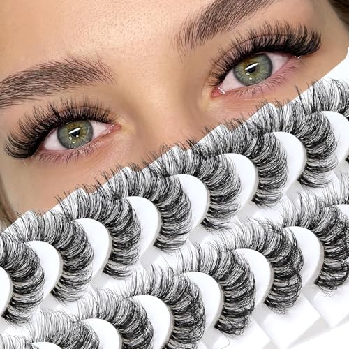 Veleasha Lashes Russian Strip Lashes Eyelashes with Clear Band Looks Like Eyelash Extensions D Curl Lash Strips 10 Pairs Pack (DT01)