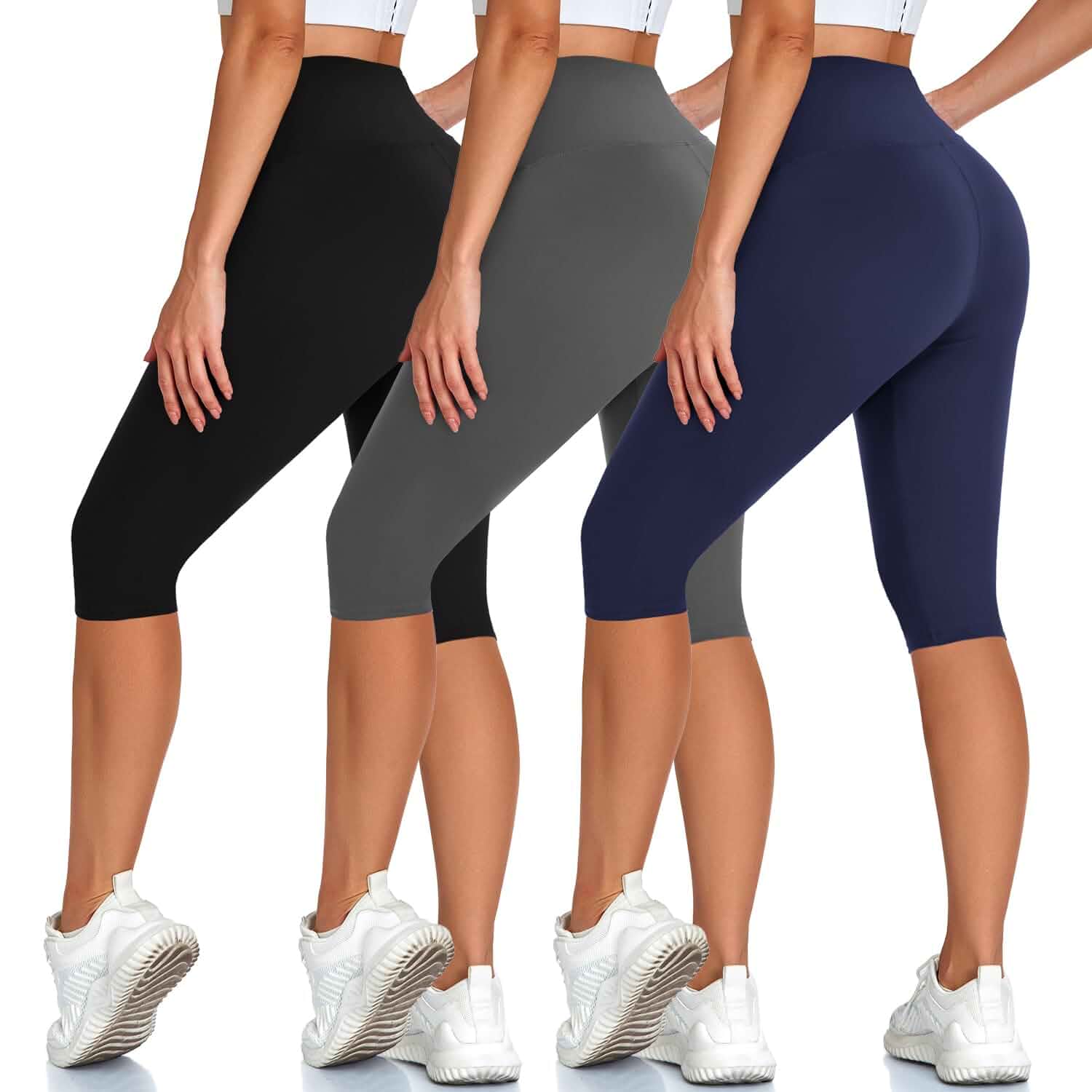 Hi Clasmix 3 Pack Leggings for Women–Knee Length Capri Tummy Control Buttery Soft, 4-Way Stretch, High Waisted, Spandex, Yoga Pants, Workout, Running, Gym ，Black/Grey/Navy,L-XL
