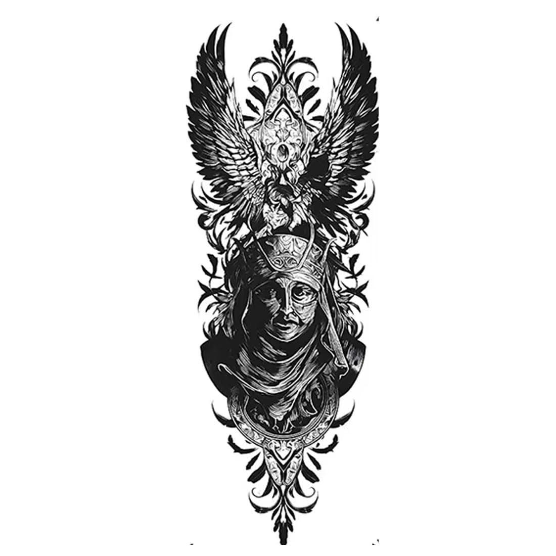 Ancient King Wing Crown Black Temporary Tattoos Sleeve For Adult, Full Arm Large Realistic Fake Sleeve Tattoo Stickers For Women and Men Watercolor Boys Girls Leg Body Art