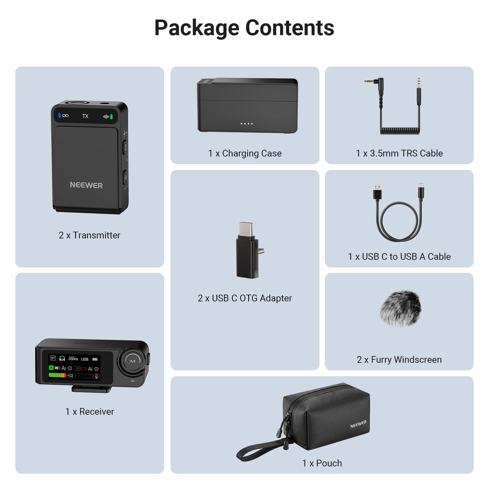 NEEWER CM36 Pro Bezprzewodowy mikrofon krawatowy, Micro USB C 48kHz 24/32 bit pływający 85dB SNR AI redukcja szumów głuchy niskie cięcie 8 GB bateria zapasowa 54 h 2,4G Zasięg 100 m 3,5 mm Monitoring