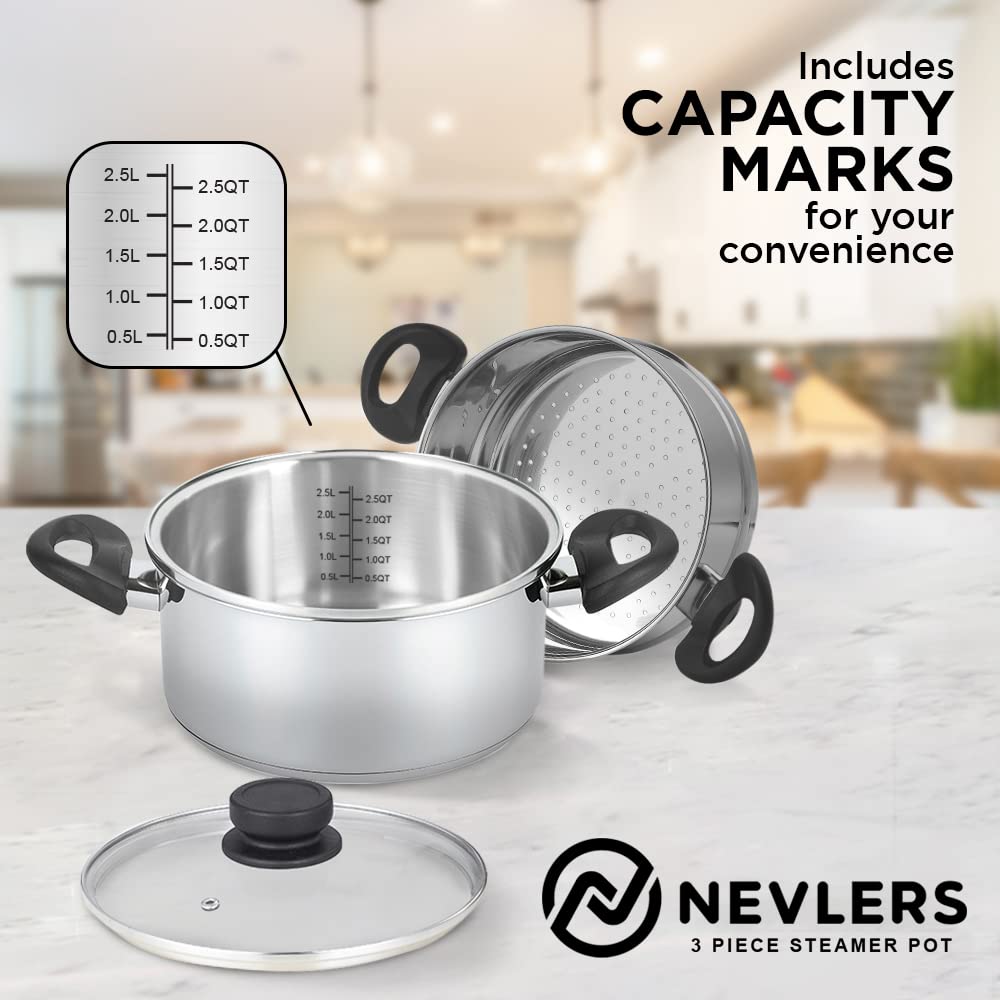 Nevlers 3 Piece Premium Heavy Duty Stainless Steel Steamer Pot Set
