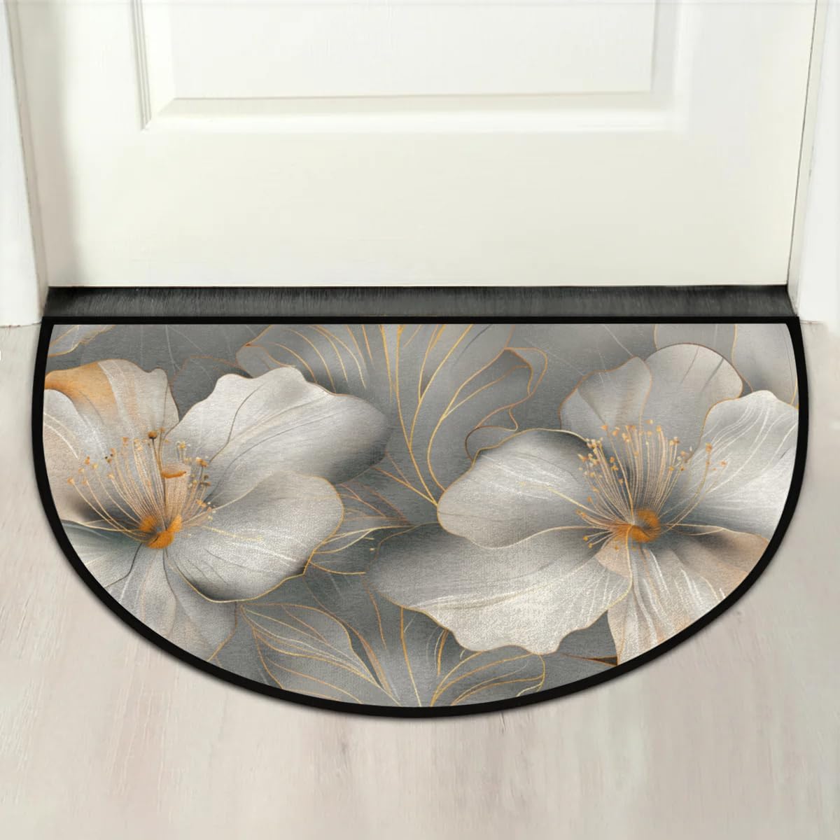 Half Round Door Mat Fiower Quatrefoil Retro White Non Slip Absorbent Semi Circle Area Rugs Washable Half Moon Floor Mats for Indoor Outdoor Patio Kitchen Bathroom Entryway Fireplace Home Carpet Decor