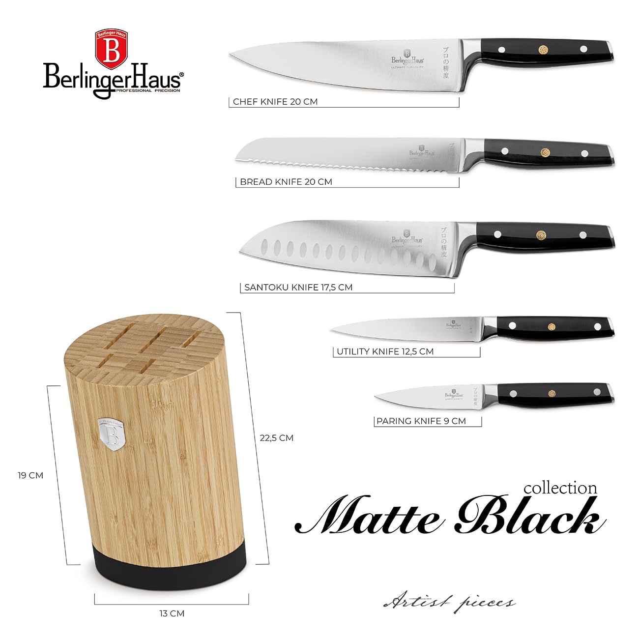 Berlinger Haus Zestaw noży ze stojakiem BAMBOO 6-częściowy Black Silver Collection BH-3136
