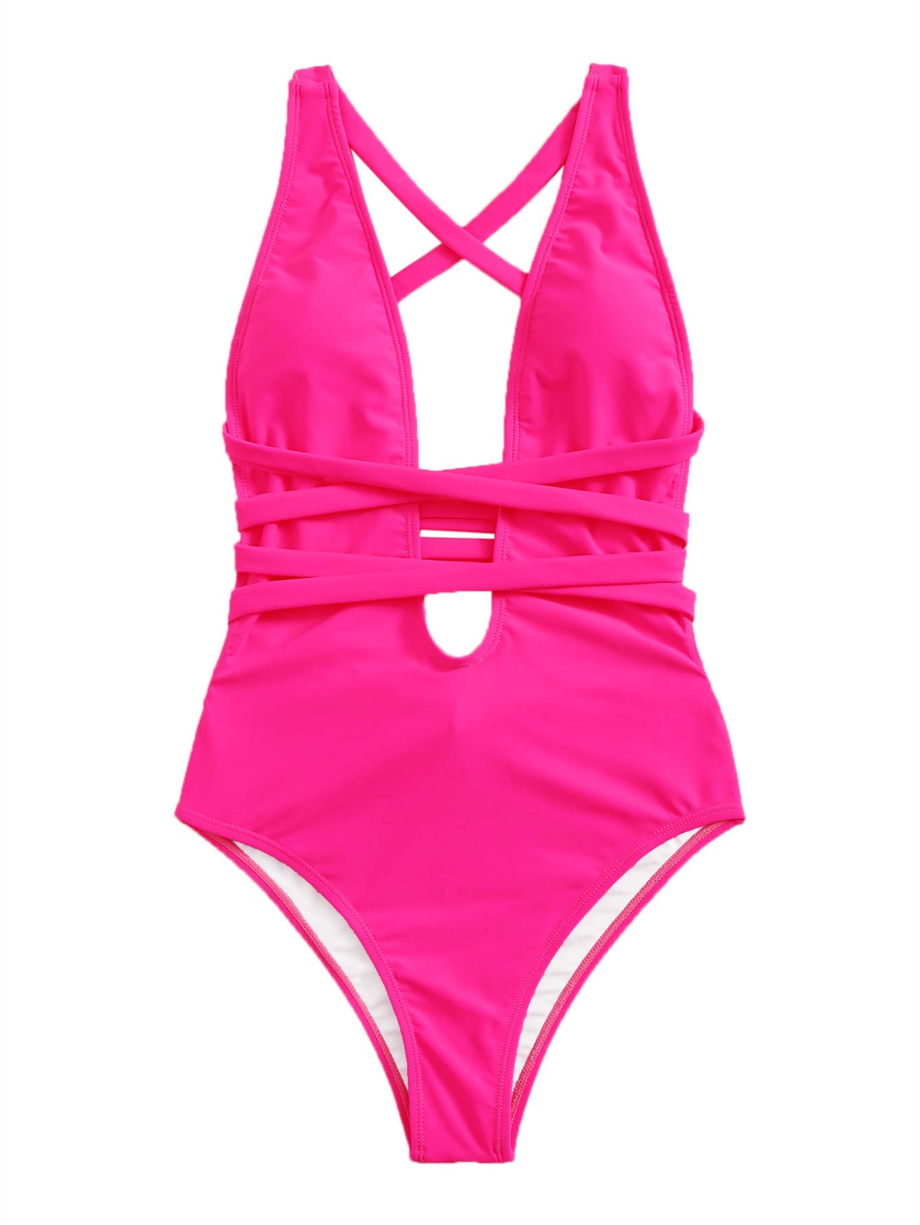 SweatyRocksWomen's Sexy Basic Criss Cross Tie Knot Front Deep V Open Back One Piece Swimwear